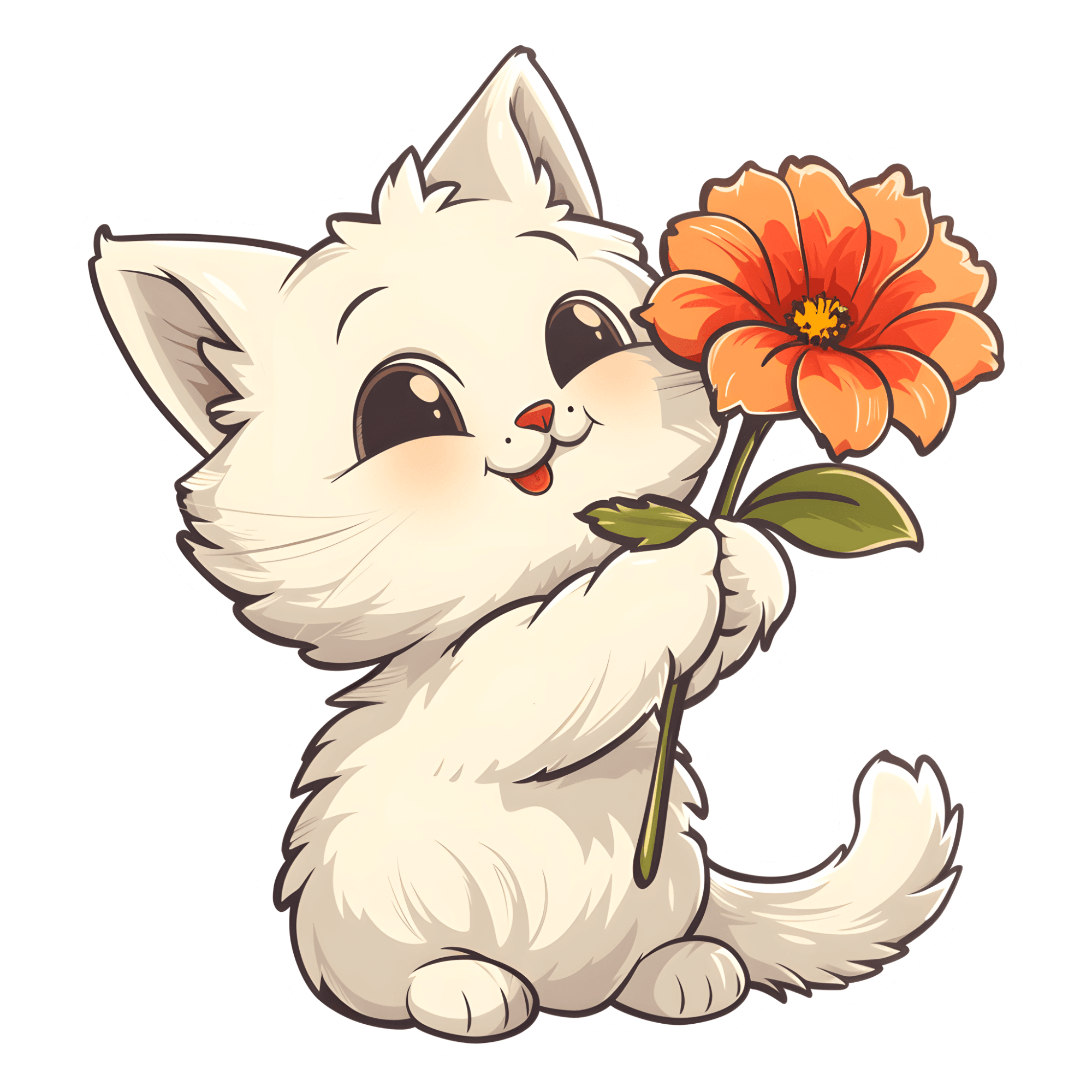 Fluffy White Kitten with Orange Flower Sticker