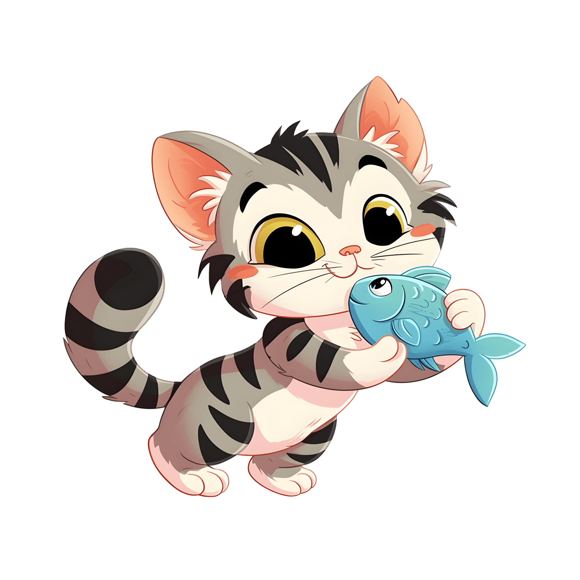 Tabby Kitten Snacking on Blue Fish Sticker