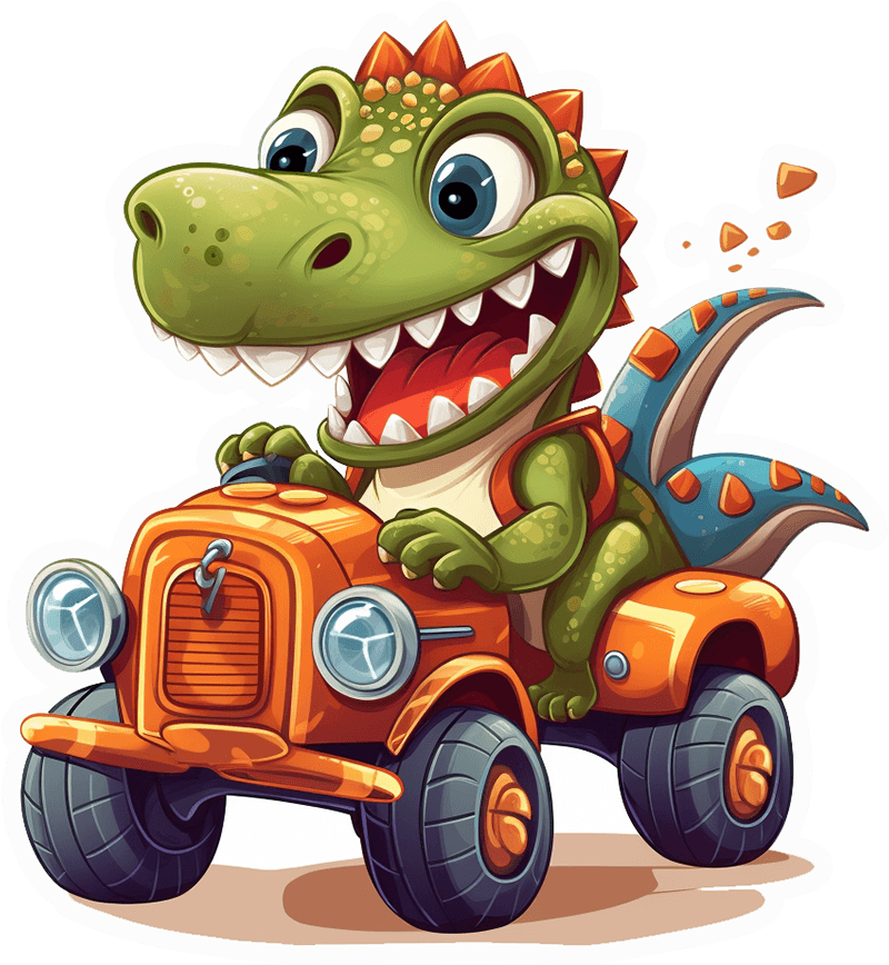 Goofy T-Rex Driving a Tiny Orange Truck Sticker