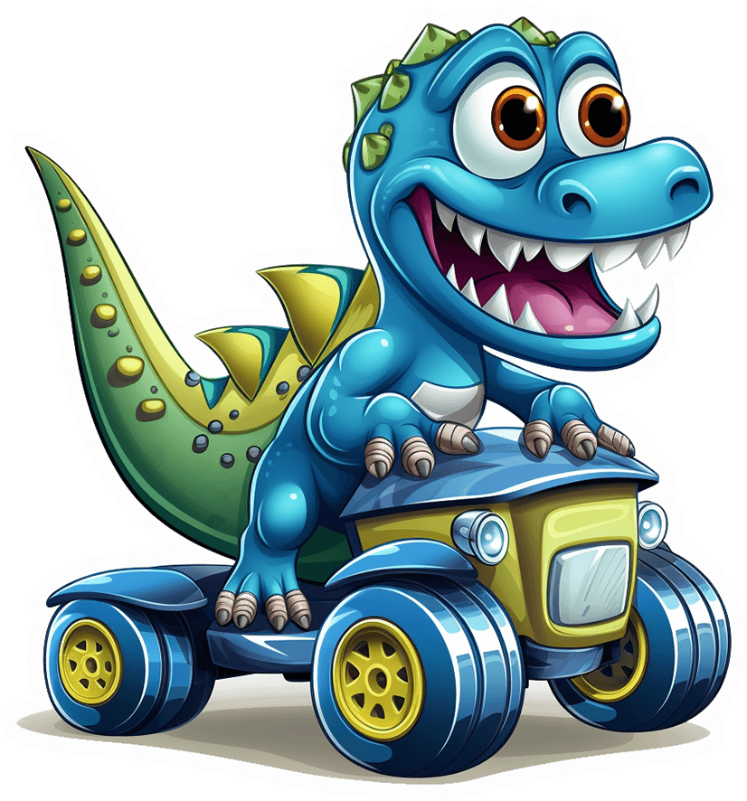 Blue T-Rex Riding a Toy Tractor Sticker