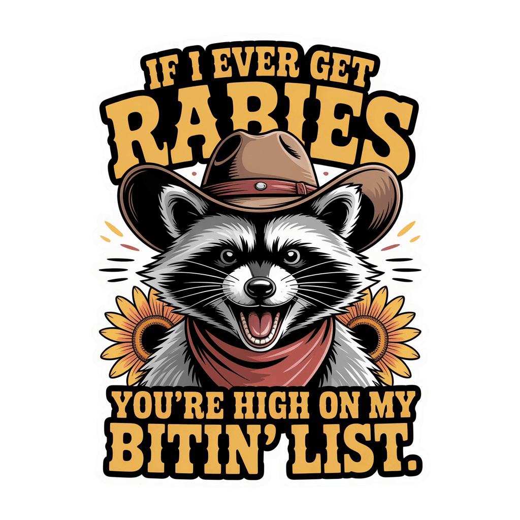 Rabid Cowboy Raccoon Bitin' List Sticker