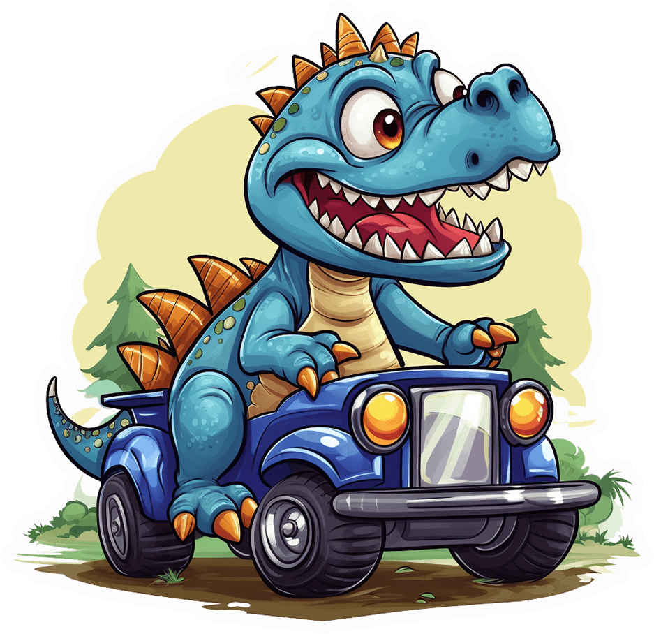 Goofy Dino Crashing a Blue Truck Sticker