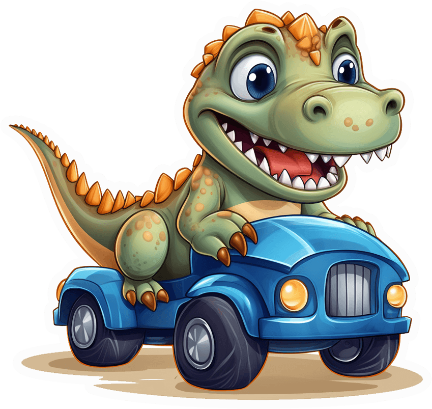 Grinning Baby T-Rex Riding Blue Toy Car Sticker