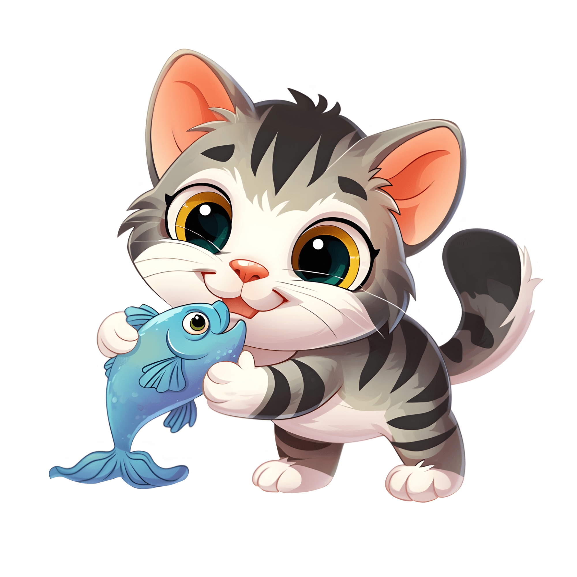 Big-Eyed Tabby Kitten Holding Blue Fish Sticker